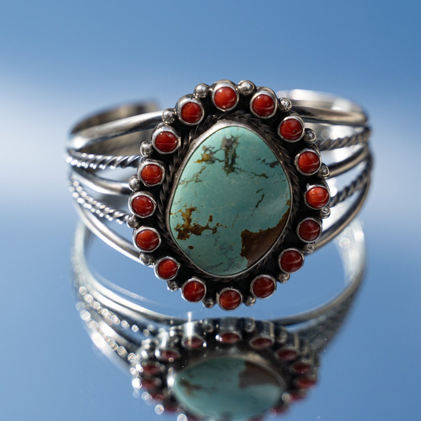 Chester Charley Turquoise and Red Coral Sterling Silver Statement Cuff Bracelet 6 3/4 - Echo Canyon Collective