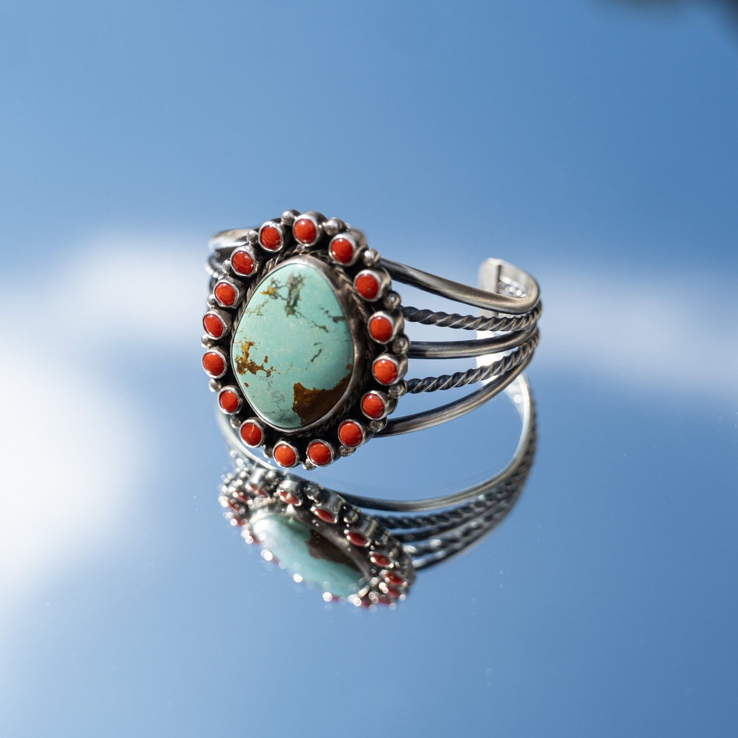 Chester Charley Turquoise and Red Coral Sterling Silver Statement Cuff Bracelet 6 3/4 - Echo Canyon Collective