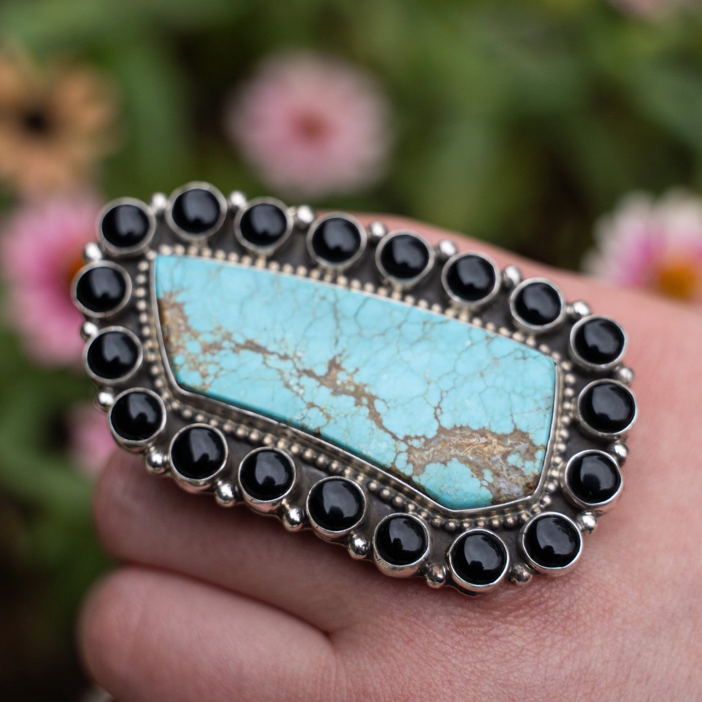Geraldine James Handmade Statement Ring with Black Onyx & 8 Turquoise – Size 9 - Echo Canyon Collective