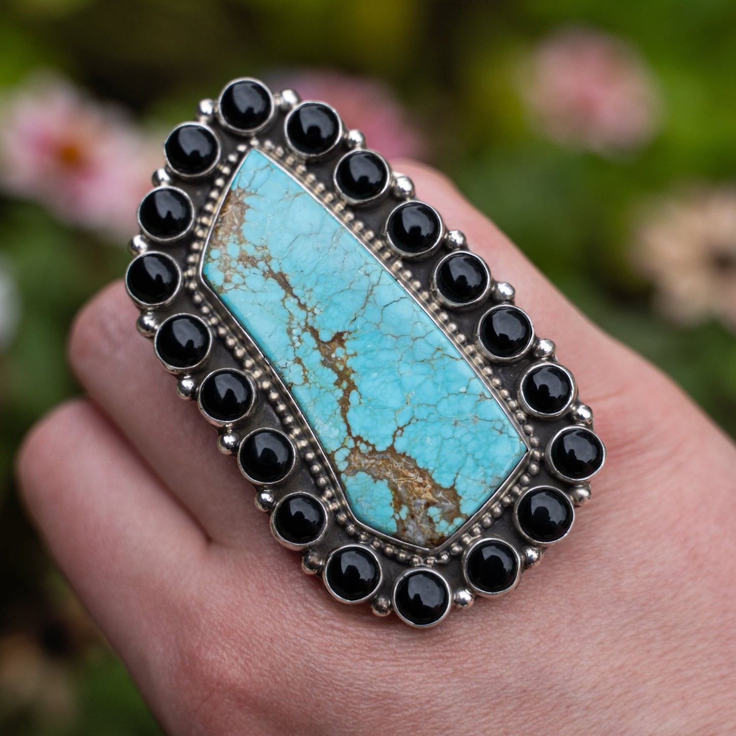 Geraldine James Handmade Statement Ring with Black Onyx & 8 Turquoise – Size 9 - Echo Canyon Collective