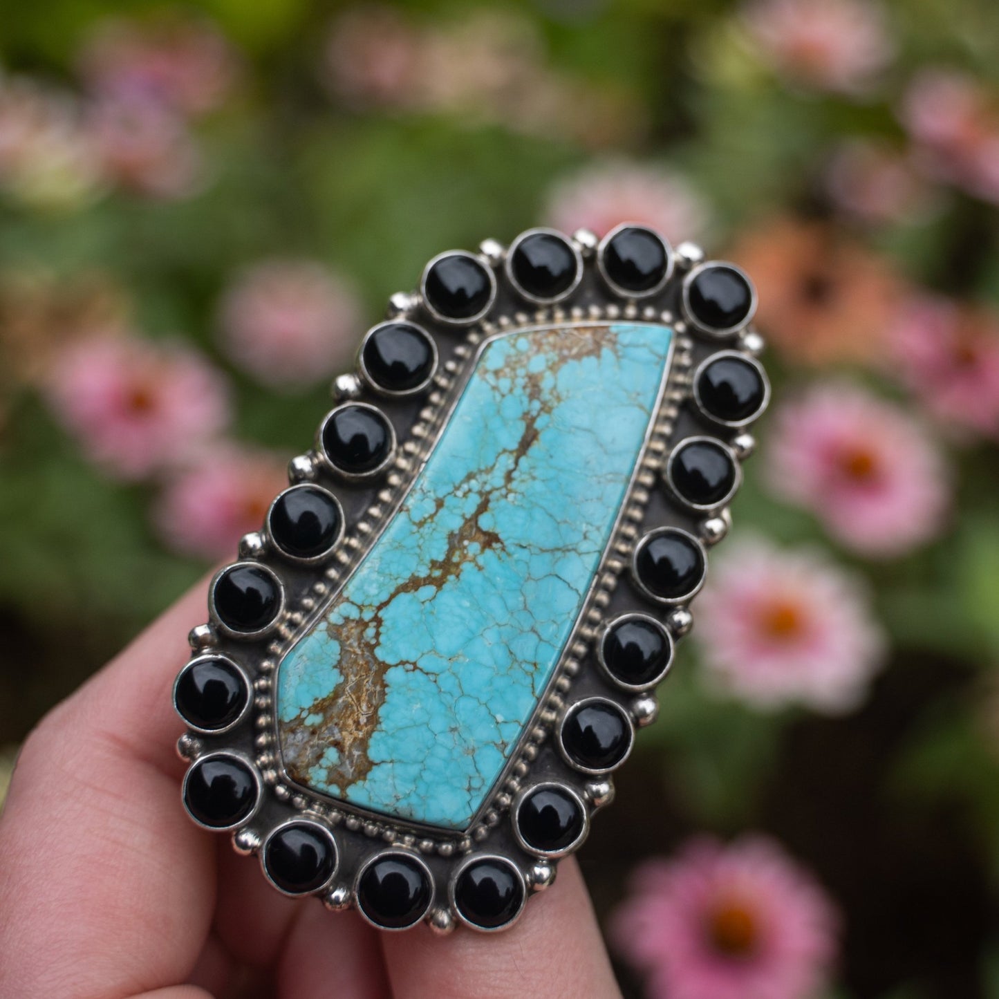 Geraldine James Handmade Statement Ring with Black Onyx & 8 Turquoise – Size 9 - Echo Canyon Collective