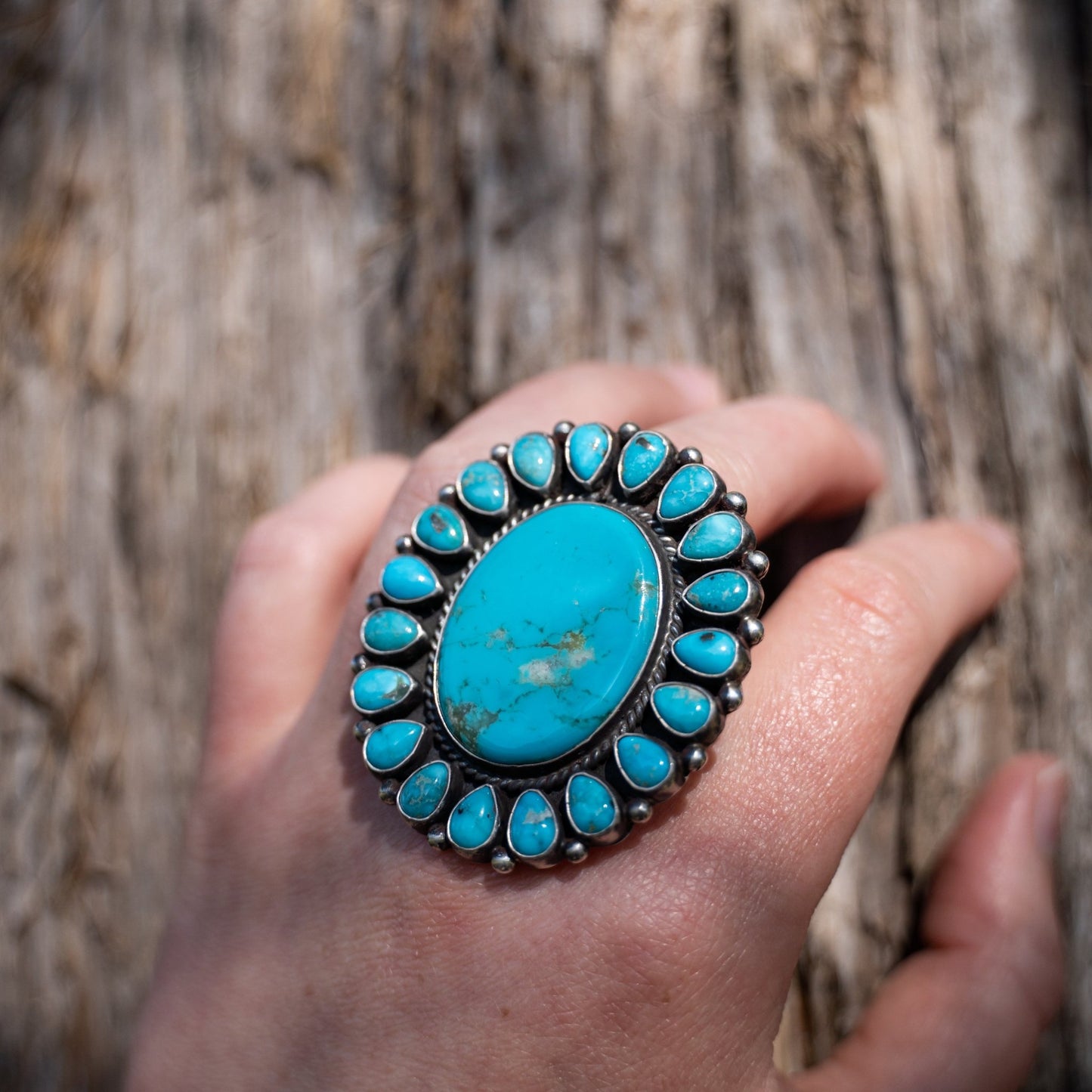 Kingman Turquoise Cluster Ring – Sterling Silver Navajo Handmade by Tyler Brown, Size 9 - Echo Canyon Collective
