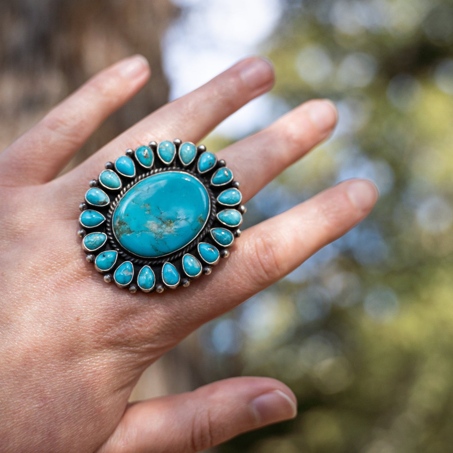 Kingman Turquoise Cluster Ring – Sterling Silver Navajo Handmade by Tyler Brown, Size 9 - Echo Canyon Collective