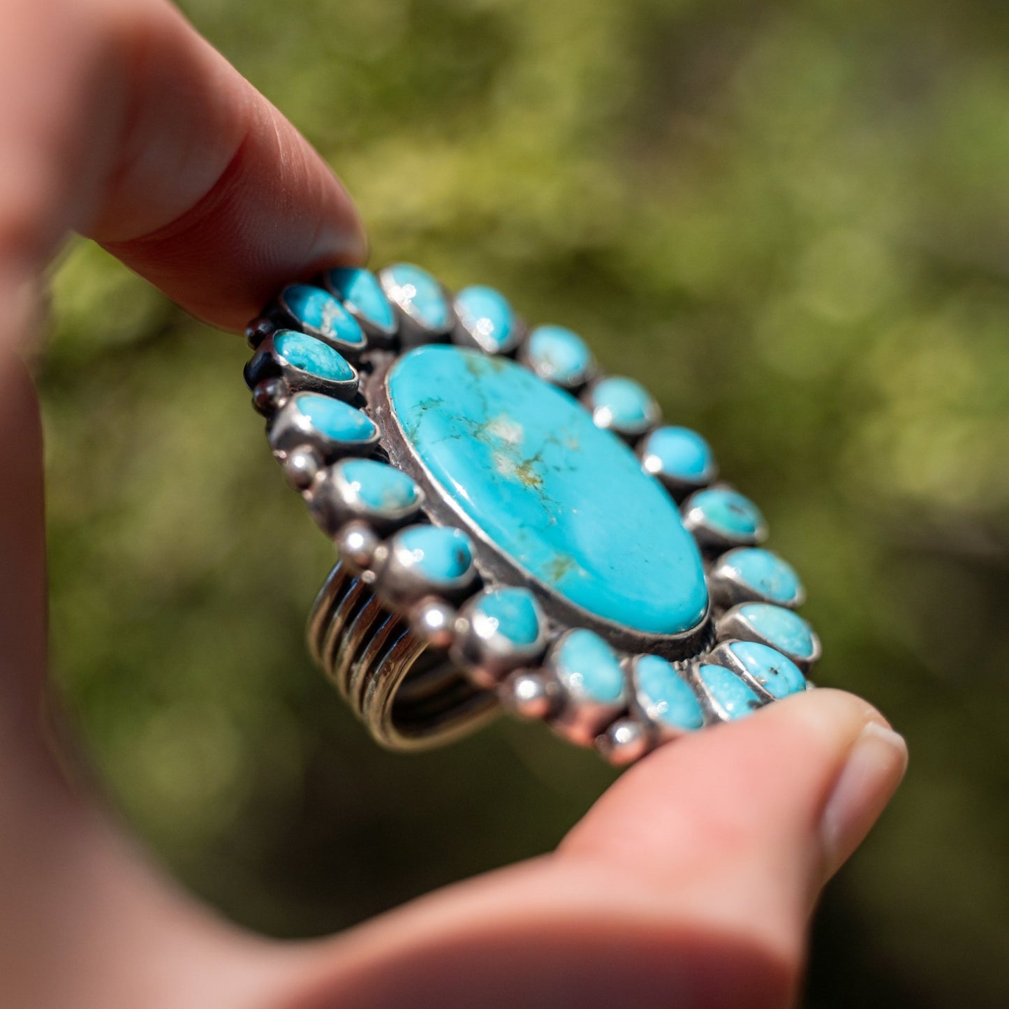 Kingman Turquoise Cluster Ring – Sterling Silver Navajo Handmade by Tyler Brown, Size 9 - Echo Canyon Collective