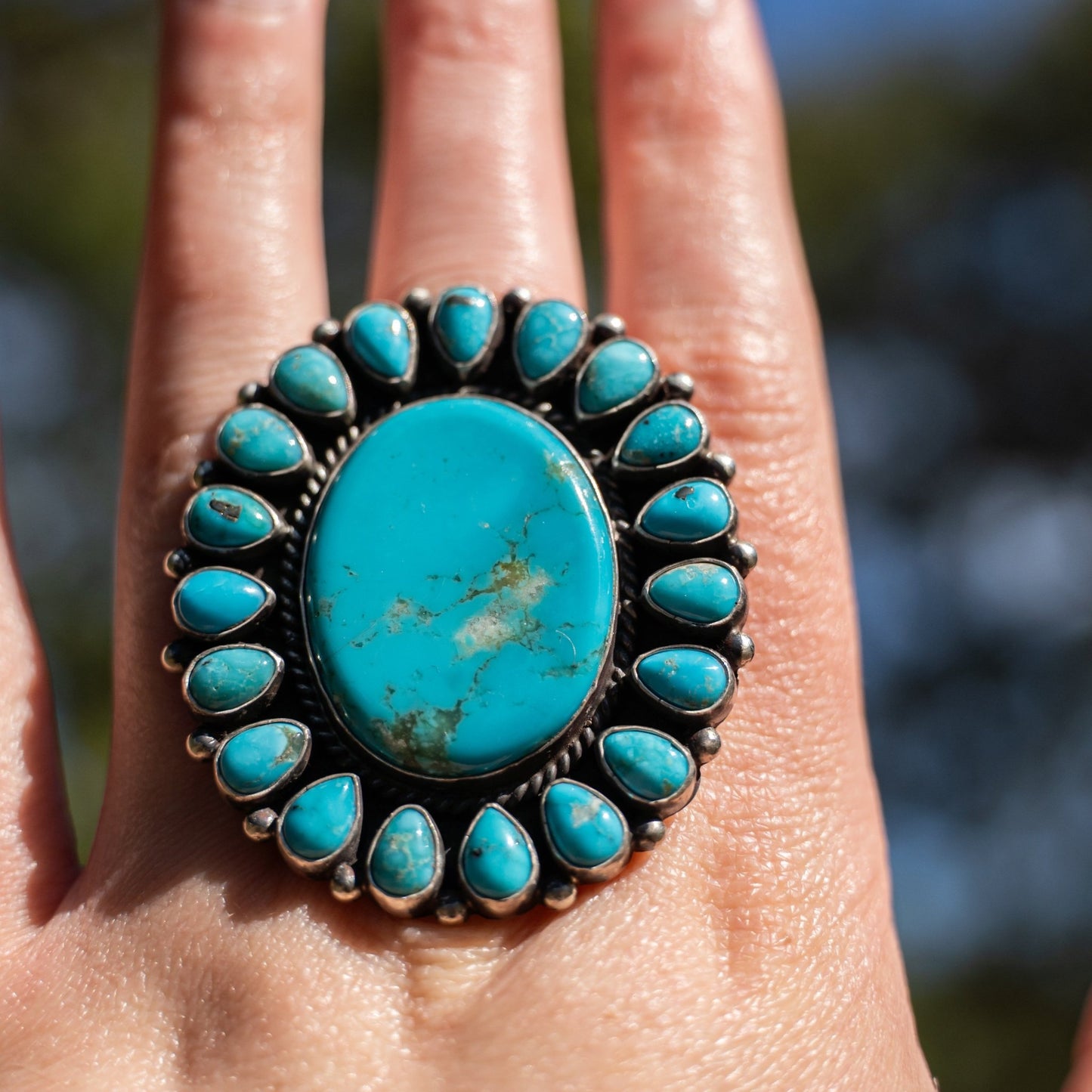 Kingman Turquoise Cluster Ring – Sterling Silver Navajo Handmade by Tyler Brown, Size 9 - Echo Canyon Collective