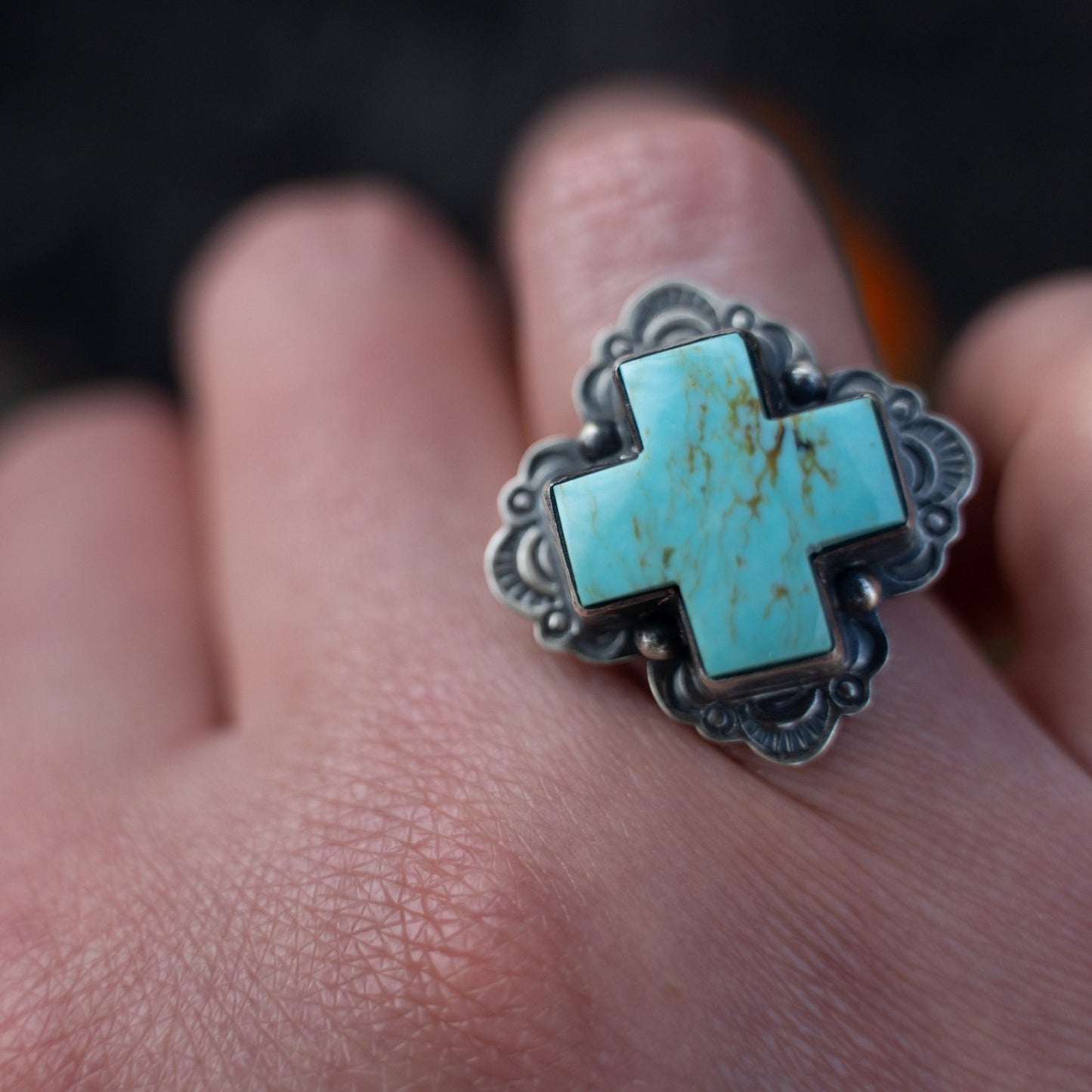 Kingman Turquoise Cross Ring – Adjustable Sterling Silver by Loretta Delgarito - Echo Canyon Collective