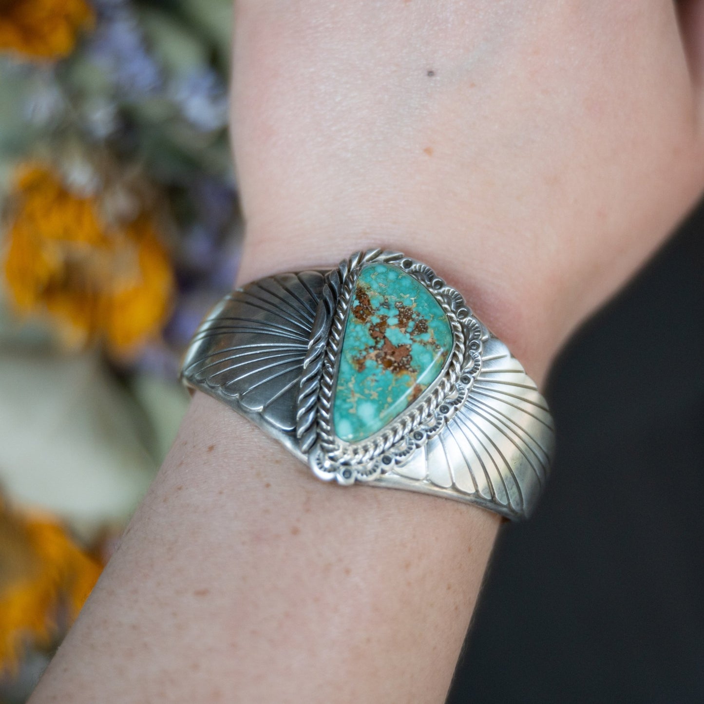 Kingman Turquoise Statement Cuff – Sterling Silver Navajo Handmade by Eloise Kee - Echo Canyon Collective
