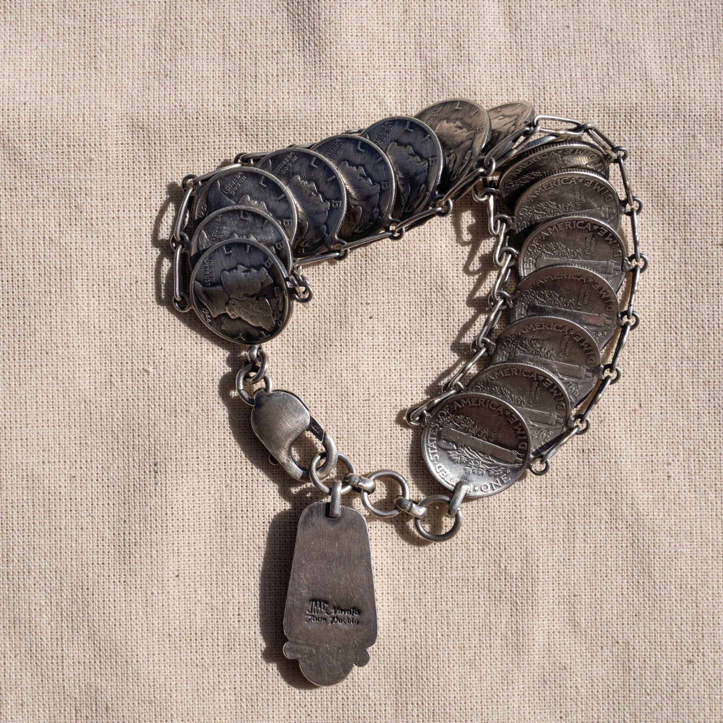 Mercury Dime Link Bracelet – Sterling Silver Navajo Handmade by James McCabe - Echo Canyon Collective