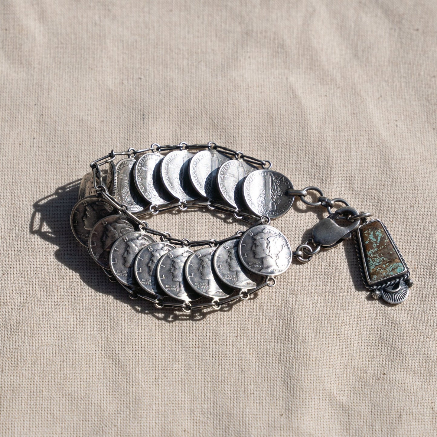 Mercury Dime Link Bracelet – Sterling Silver Navajo Handmade by James McCabe - Echo Canyon Collective