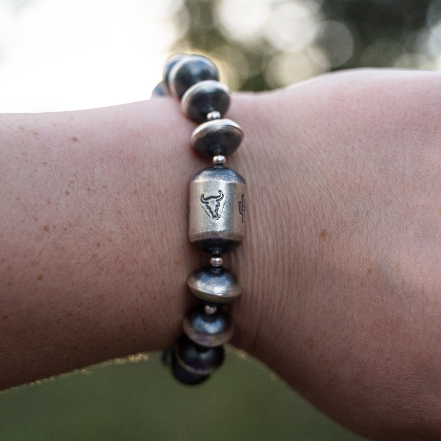 Navajo Sharon Cooley Handmade Bead Stretch Bracelet – Hand Stamped Sterling Silver Cactus - Echo Canyon Collective