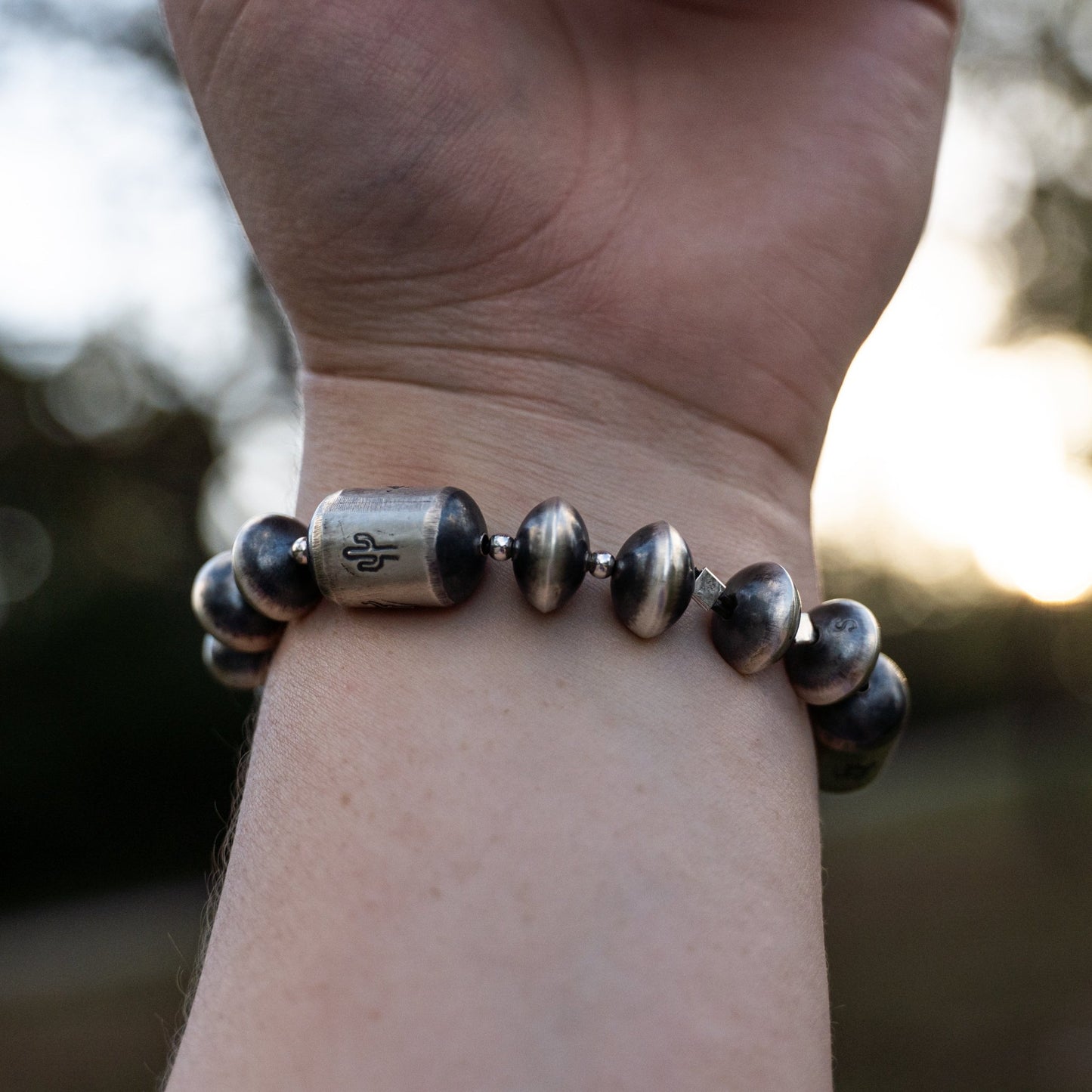 Navajo Sharon Cooley Handmade Bead Stretch Bracelet – Hand Stamped Sterling Silver Cactus - Echo Canyon Collective