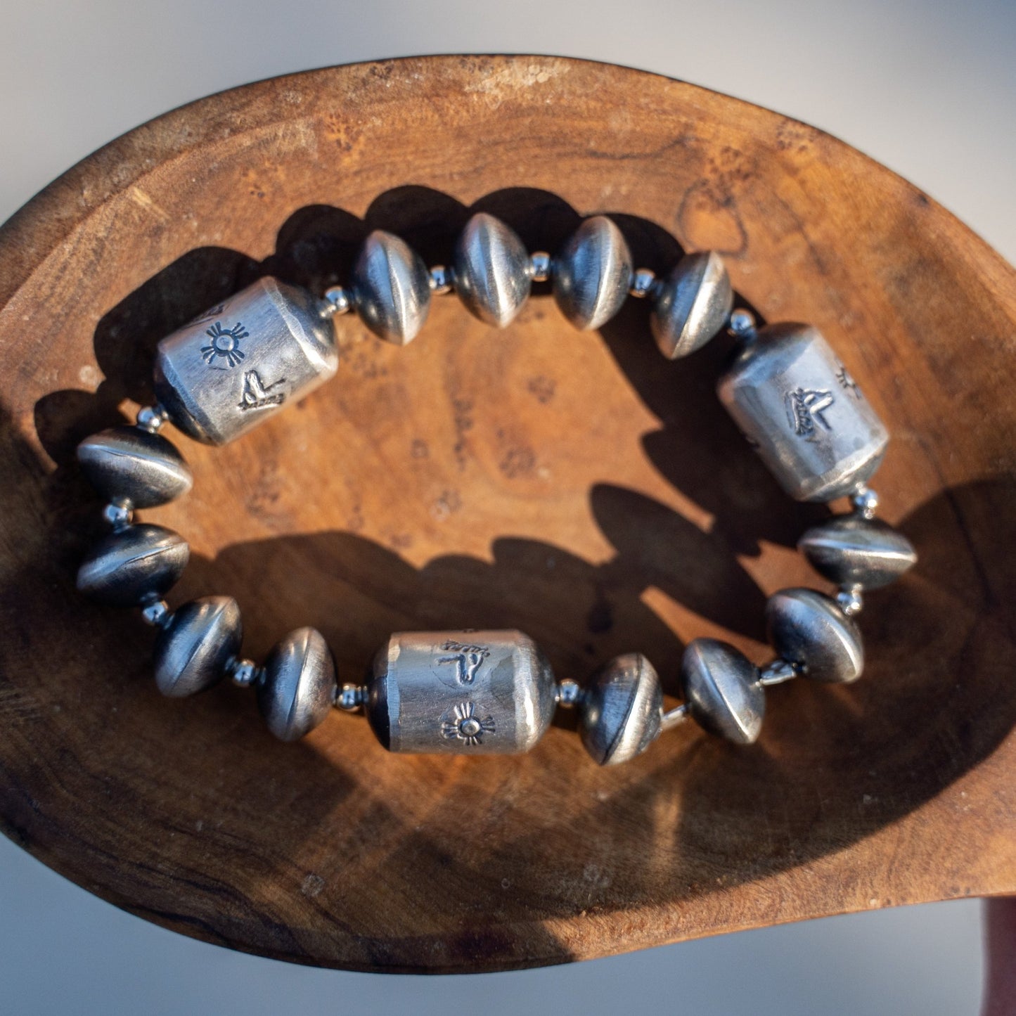 Navajo Sharon Cooley Handmade Bead Stretch Bracelet – Hand Stamped Sterling Silver Horse - Echo Canyon Collective