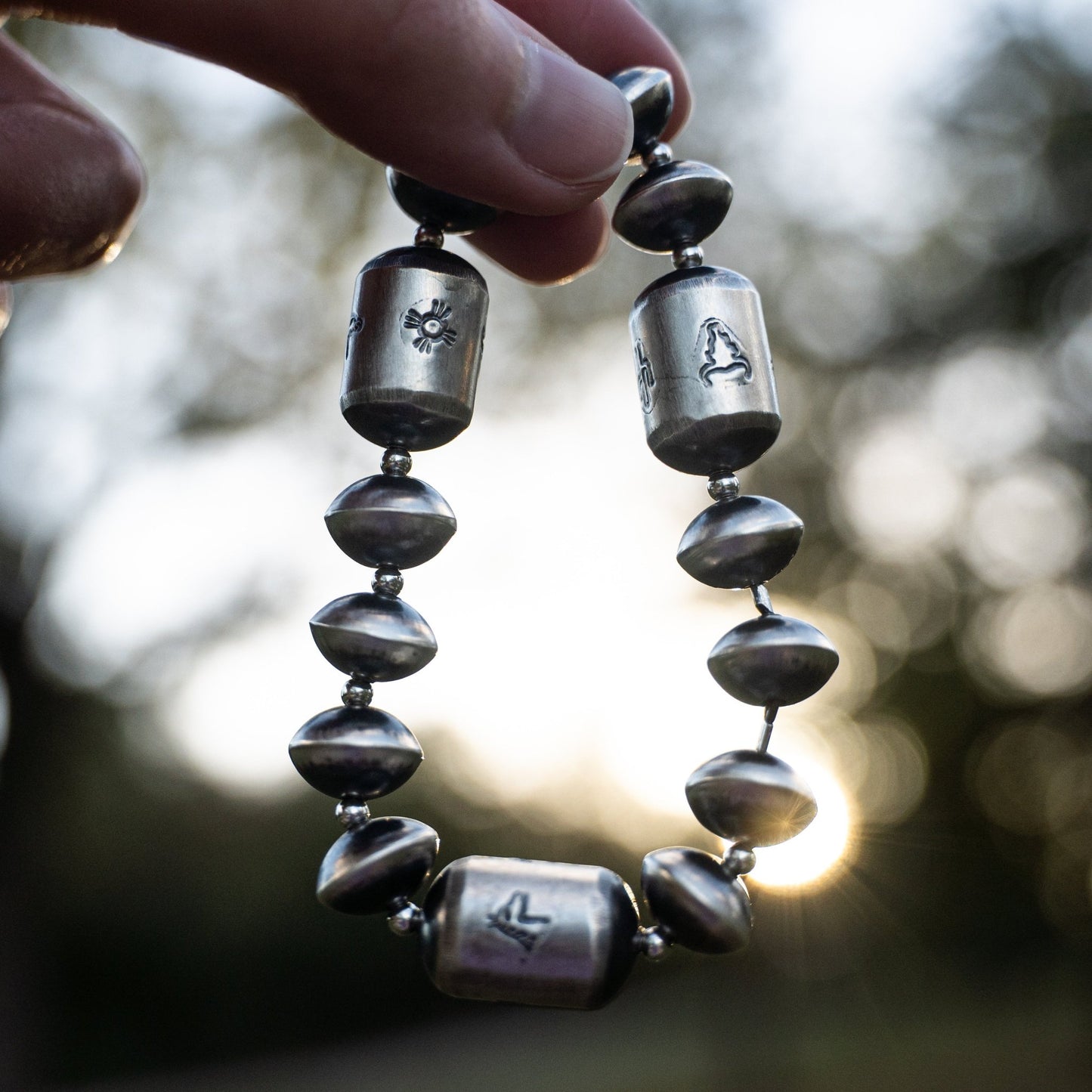 Navajo Sharon Cooley Handmade Bead Stretch Bracelet – Hand Stamped Sterling Silver Horse - Echo Canyon Collective