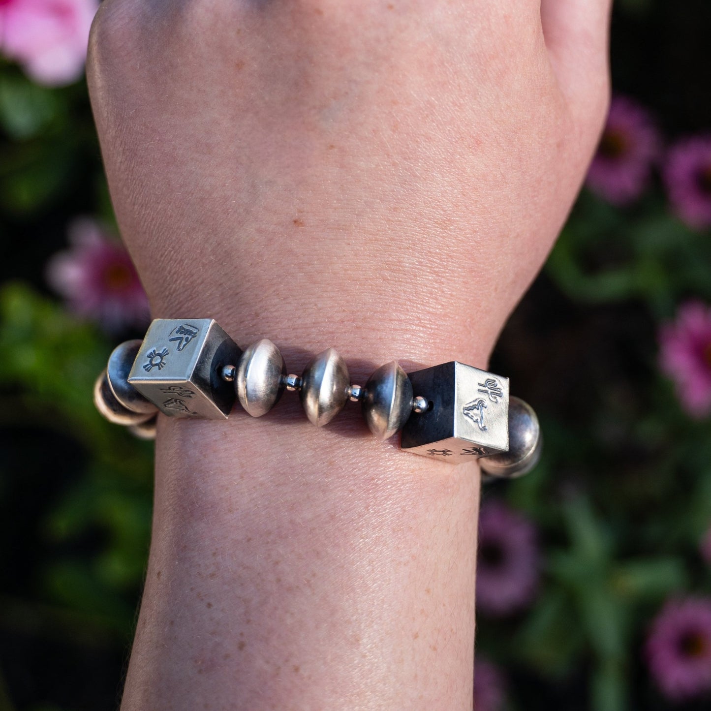 Navajo Sharon Cooley Handmade Bead Stretch Bracelet – Hand Stamped Sterling Silver Horse & Cactus - Echo Canyon Collective