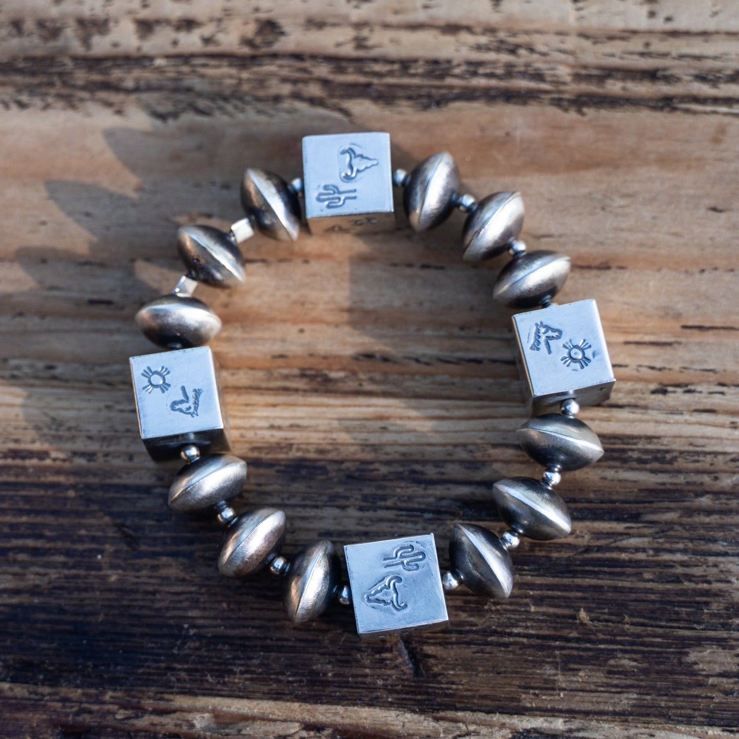 Navajo Sharon Cooley Handmade Bead Stretch Bracelet – Hand Stamped Sterling Silver Horse & Cactus - Echo Canyon Collective