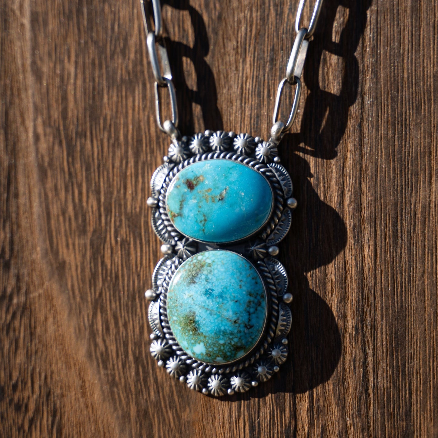 Raymond Delgarito Natural Kingman Turquoise Pendant with Handmade Sterling Silver Chain 20" Adjustable - Echo Canyon Collective