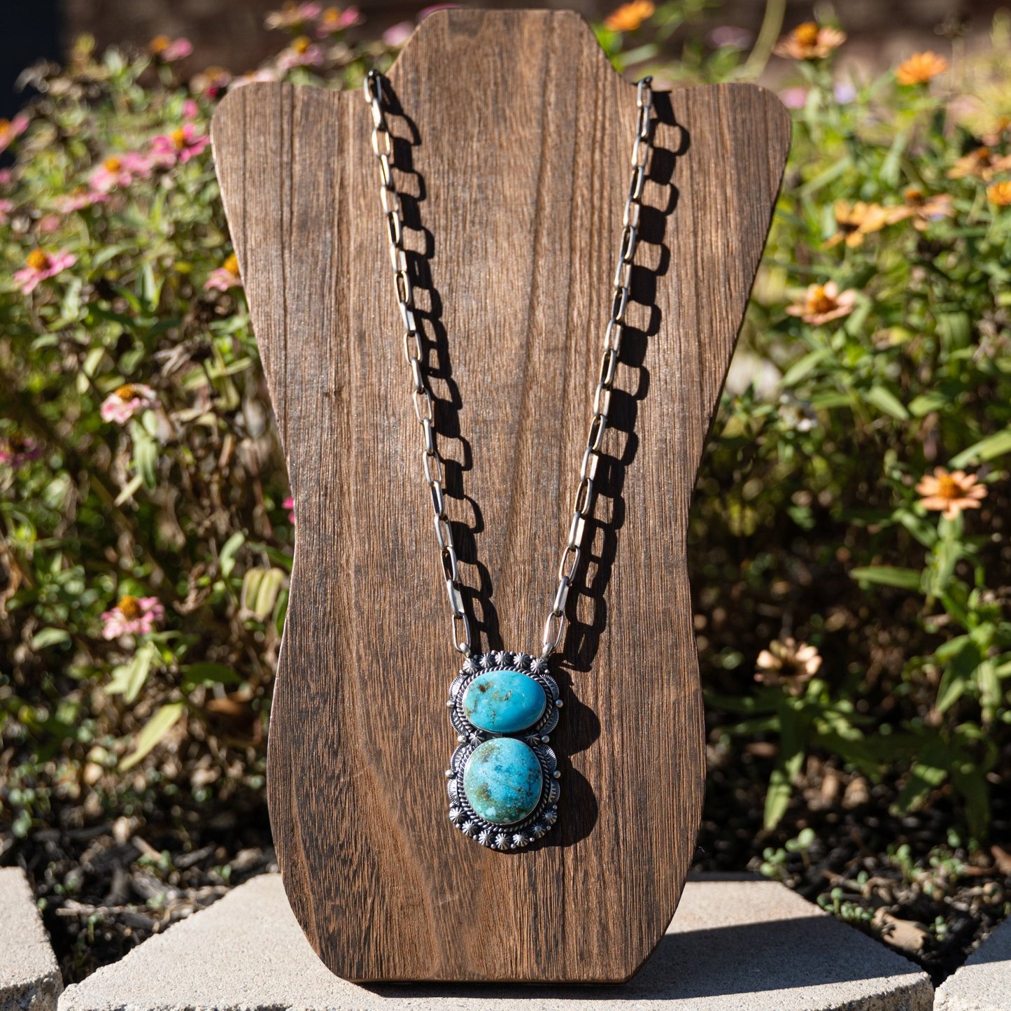 Raymond Delgarito Natural Kingman Turquoise Pendant with Handmade Sterling Silver Chain 20" Adjustable - Echo Canyon Collective