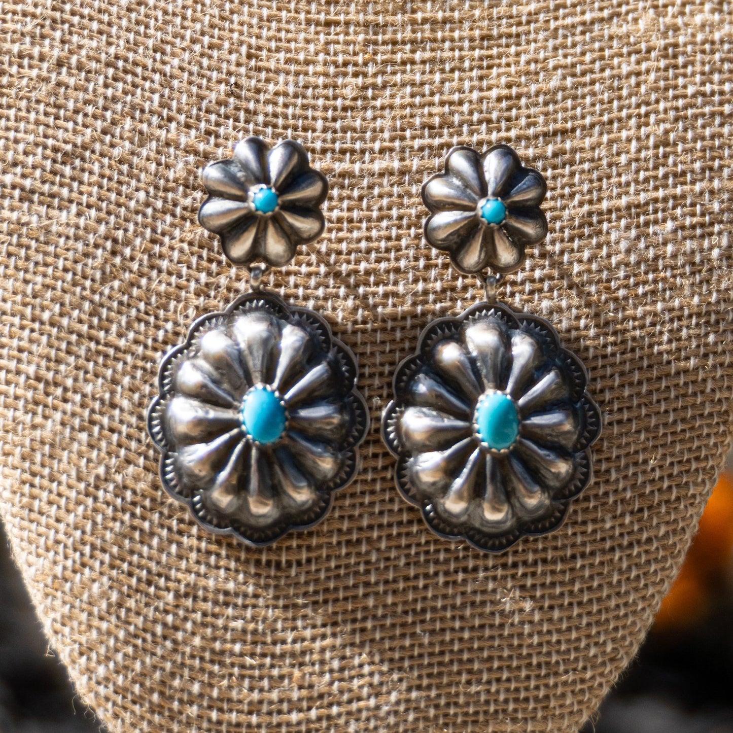 Rita Lee Turquoise and Sterling Silver Concho Dangle Earrings - Echo Canyon Collective