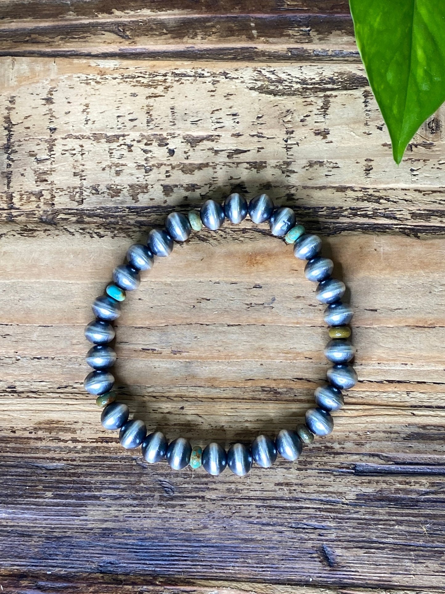Tonisha Haley Turquoise and Sterling Silver Bead Stretch Bracelet | Navajo Handmade, Various Sizes - Echo Canyon Collective