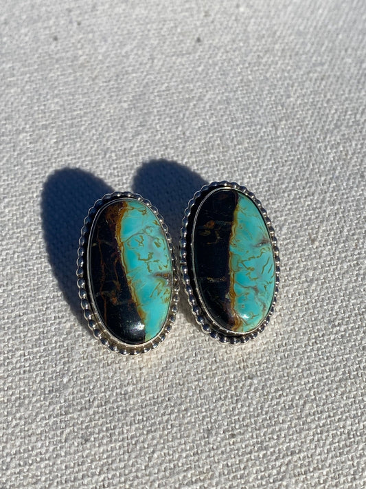 Abellene Bahe Blackjack Turquoise Earrings – Navajo Made, Sterling Silver, Signed Abellene - Echo Canyon Collective