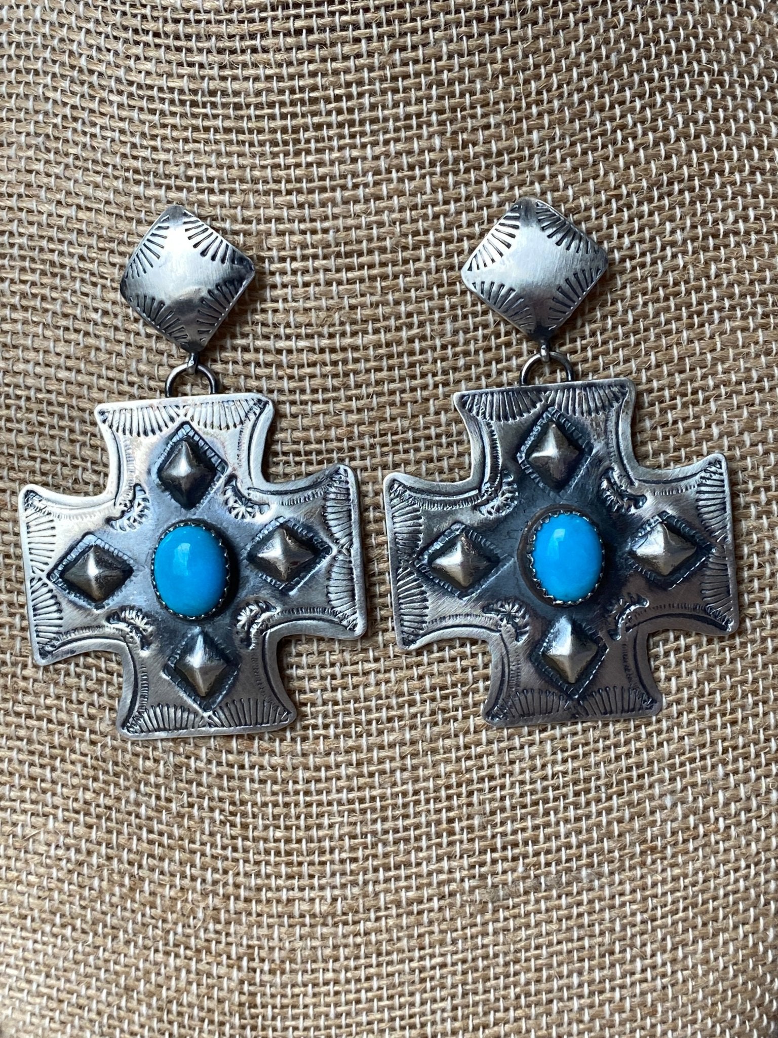 Albert Jeanette Brown Sterling Silver & Kingman Turquoise Cross Earrings - Echo Canyon Collective