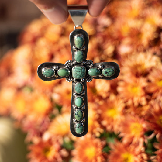 Carol Wylie Green Turquoise Sterling Silver Cross Pendant - Echo Canyon Collective