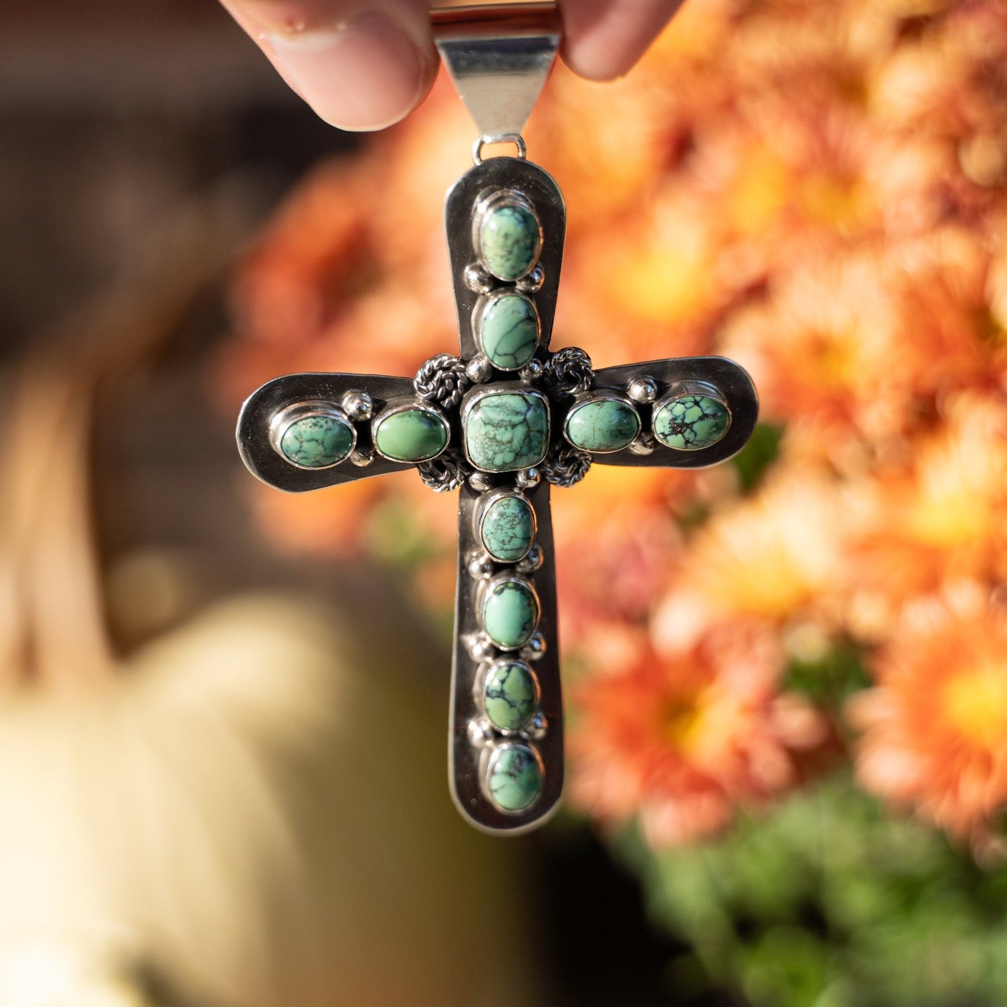 Carol Wylie Green Turquoise Sterling Silver Cross Pendant - Echo Canyon Collective