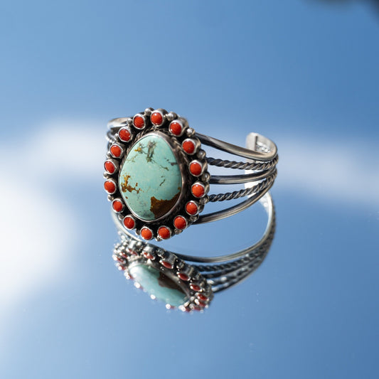 Chester Charley Turquoise and Red Coral Sterling Silver Statement Cuff Bracelet 6 3/4 - Echo Canyon Collective