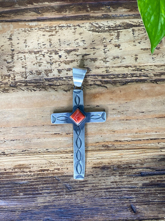 Chimney Butte Sterling Silver Cross Pendant with Red Spiny Oyster - Echo Canyon Collective