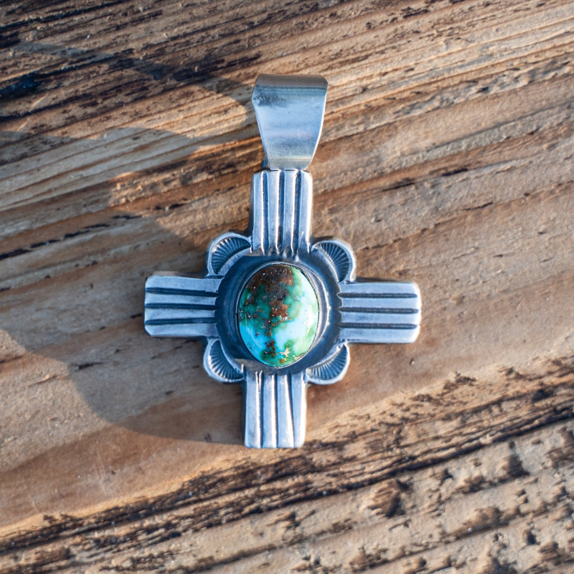 Chimney Butte Sterling Silver Zia Pendant with Sonoran Turquoise - Echo Canyon Collective