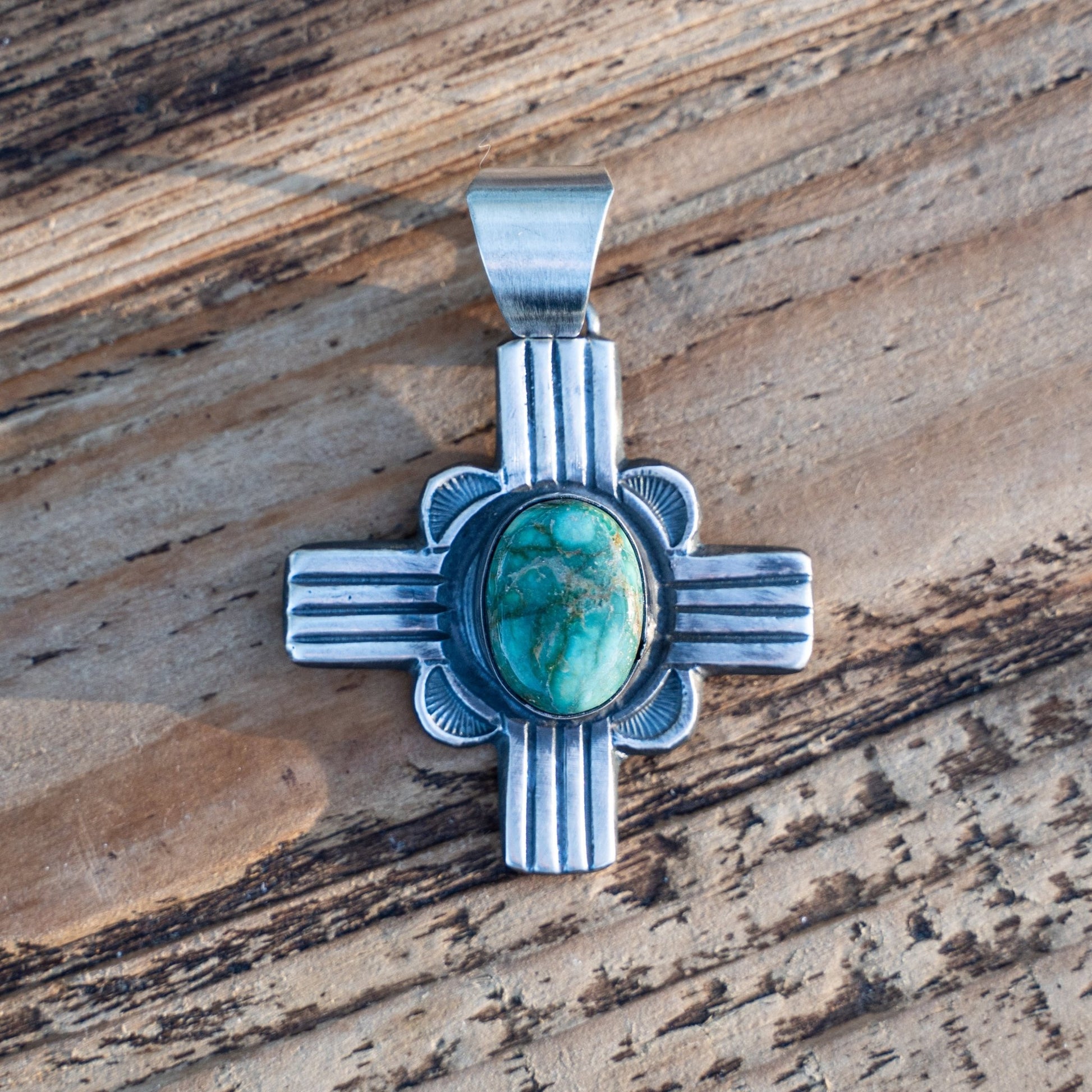 Chimney Butte Sterling Silver Zia Pendant with Sonoran Turquoise - Echo Canyon Collective
