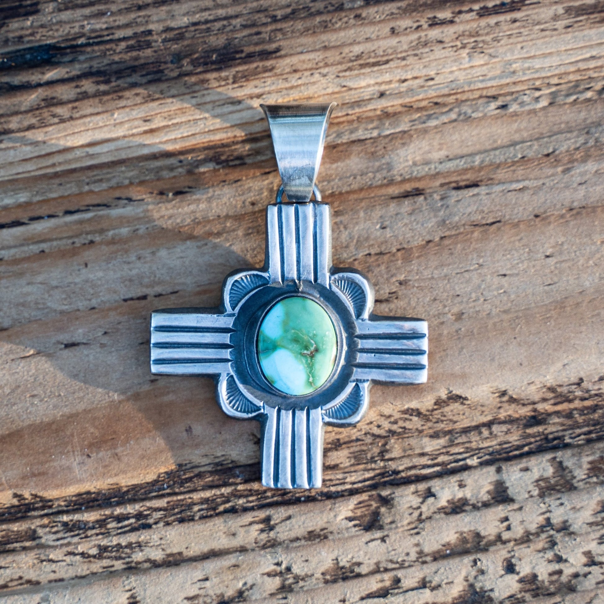 Chimney Butte Sterling Silver Zia Pendant with Sonoran Turquoise - Echo Canyon Collective