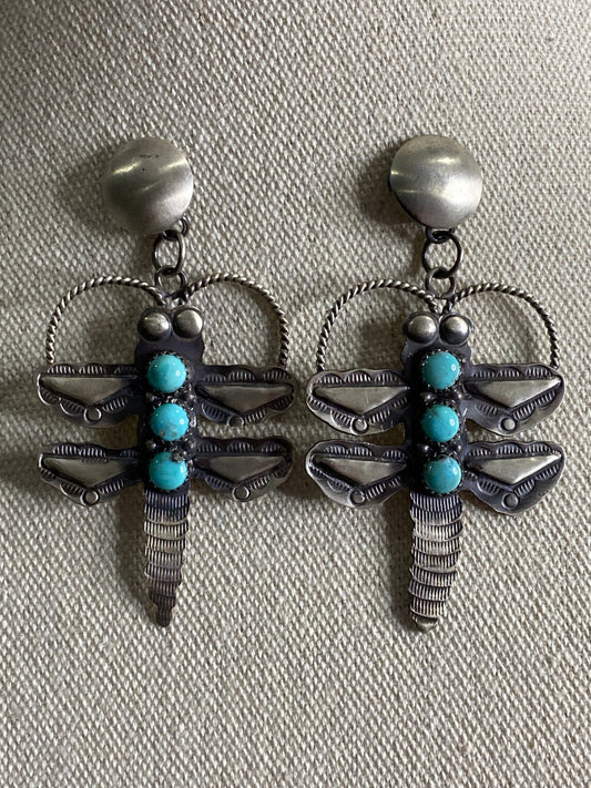 Gabrielle Yazzie Sterling Silver & Turquoise Dragonfly Earrings – Native Made - Echo Canyon Collective