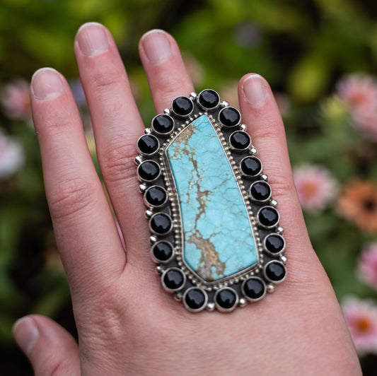 Geraldine James Handmade Statement Ring with Black Onyx & 8 Turquoise – Size 9 - Echo Canyon Collective