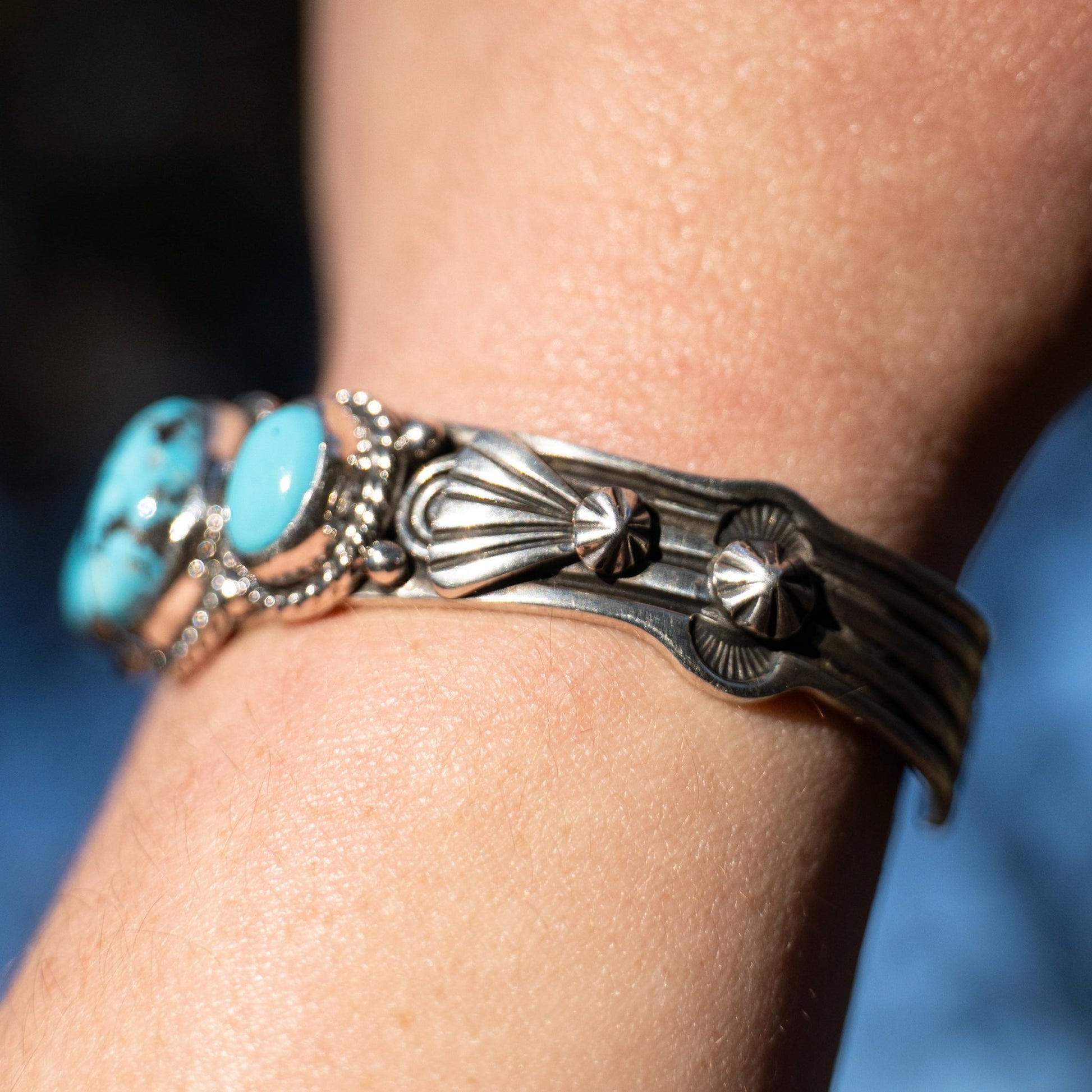 John Nelson Kingman & Sleeping Beauty Turquoise Cuff – Navajo Sterling Silver, Fits 6–6½″ Wrist - Echo Canyon Collective