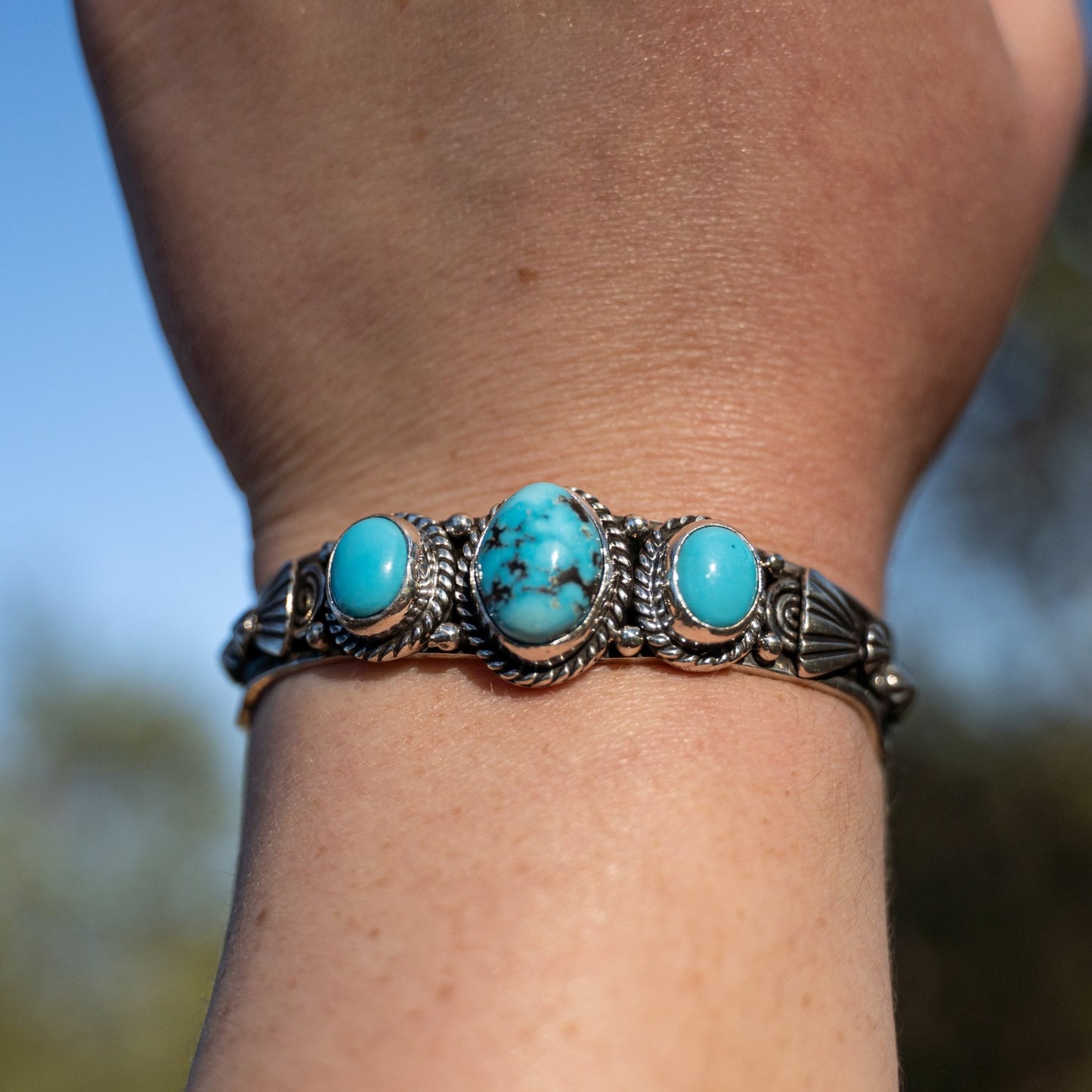 John Nelson Kingman & Sleeping Beauty Turquoise Cuff – Navajo Sterling Silver, Fits 6–6½″ Wrist - Echo Canyon Collective