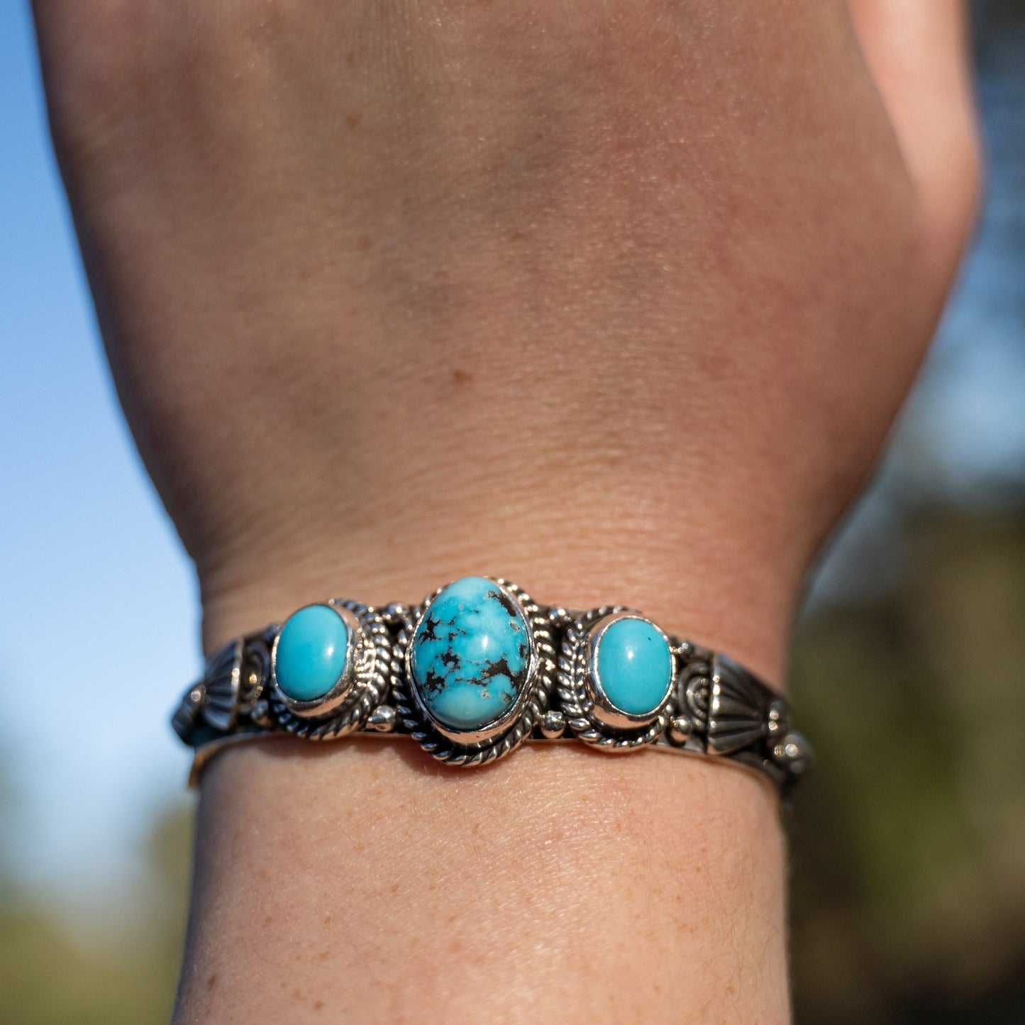 John Nelson Kingman & Sleeping Beauty Turquoise Cuff – Navajo Sterling Silver, Fits 6–6½″ Wrist - Echo Canyon Collective