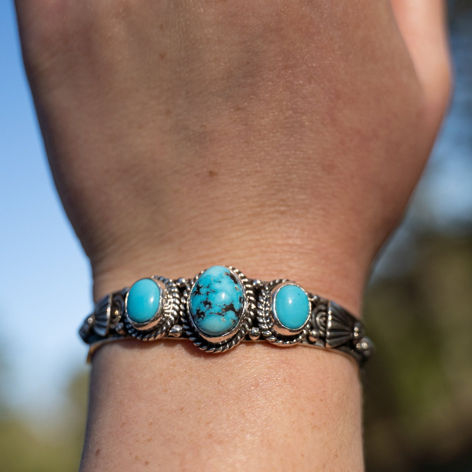 John Nelson Kingman & Sleeping Beauty Turquoise Cuff – Navajo Sterling Silver, Fits 6–6½″ Wrist - Echo Canyon Collective