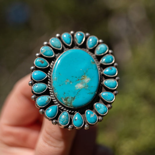 Kingman Turquoise Cluster Ring – Sterling Silver Navajo Handmade by Tyler Brown, Size 9 - Echo Canyon Collective