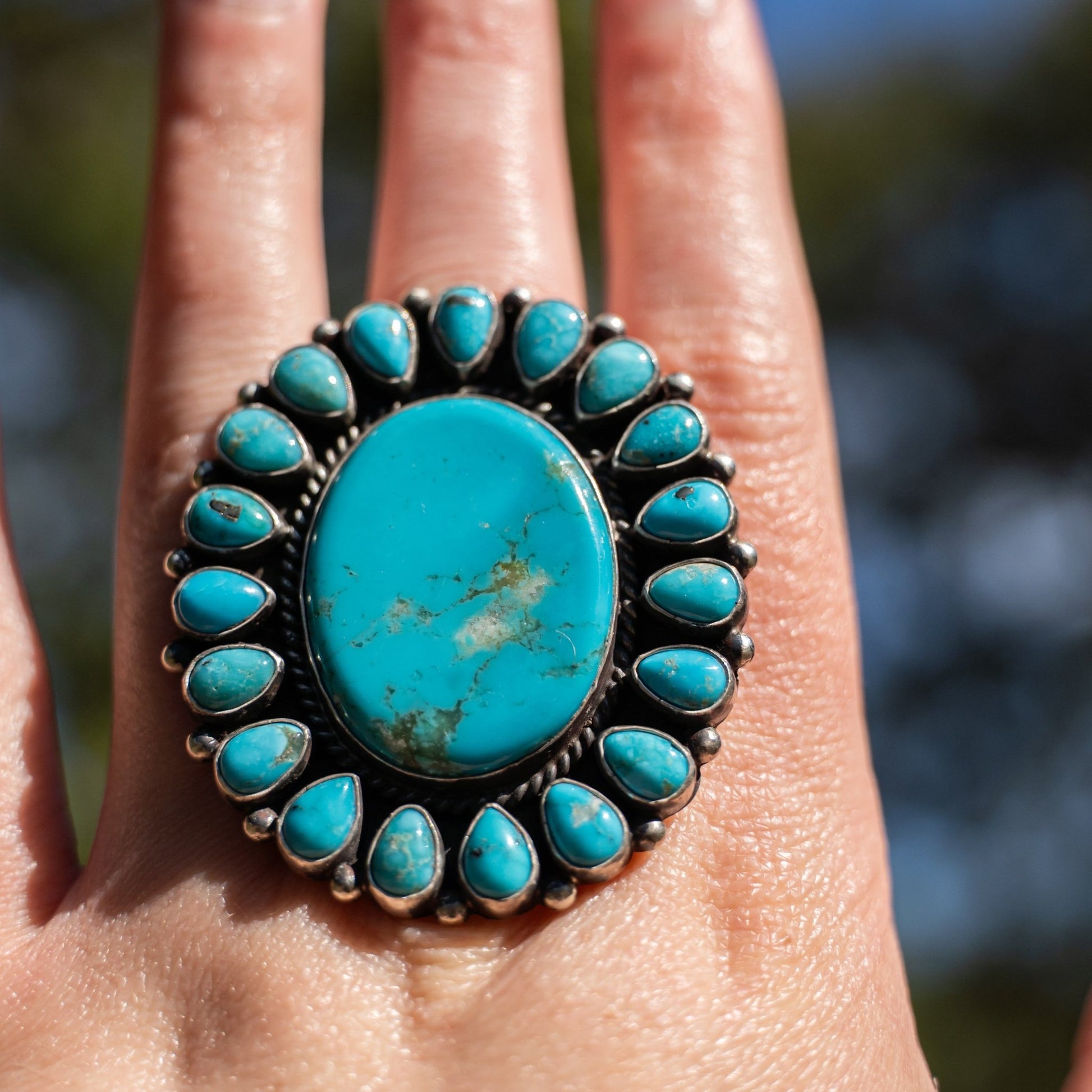 Kingman Turquoise Cluster Ring – Sterling Silver Navajo Handmade by Tyler Brown, Size 9 - Echo Canyon Collective