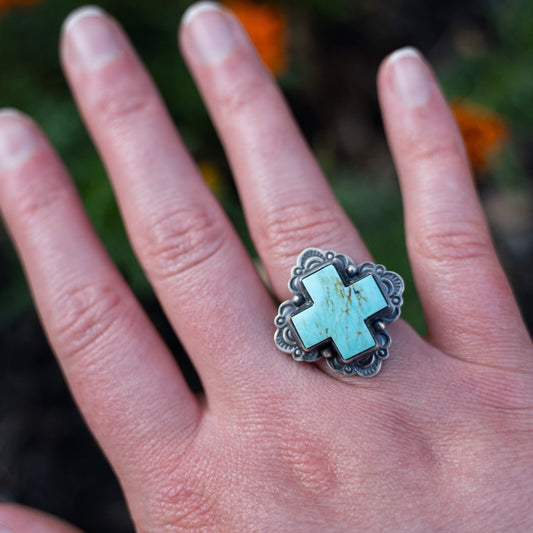 Kingman Turquoise Cross Ring – Adjustable Sterling Silver by Loretta Delgarito - Echo Canyon Collective