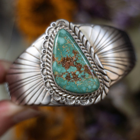 Kingman Turquoise Statement Cuff – Sterling Silver Navajo Handmade by Eloise Kee - Echo Canyon Collective