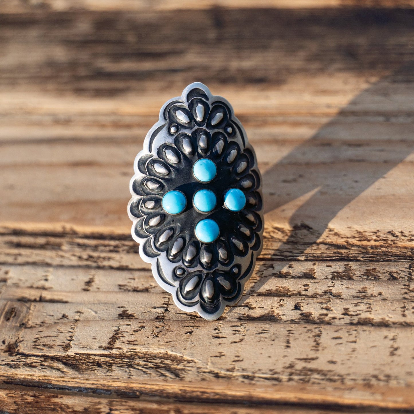Leander Tahe Repoussé Adjustable Ring | Sleeping Beauty Turquoise | Navajo Sterling Silver Statement Jewelry - Echo Canyon Collective