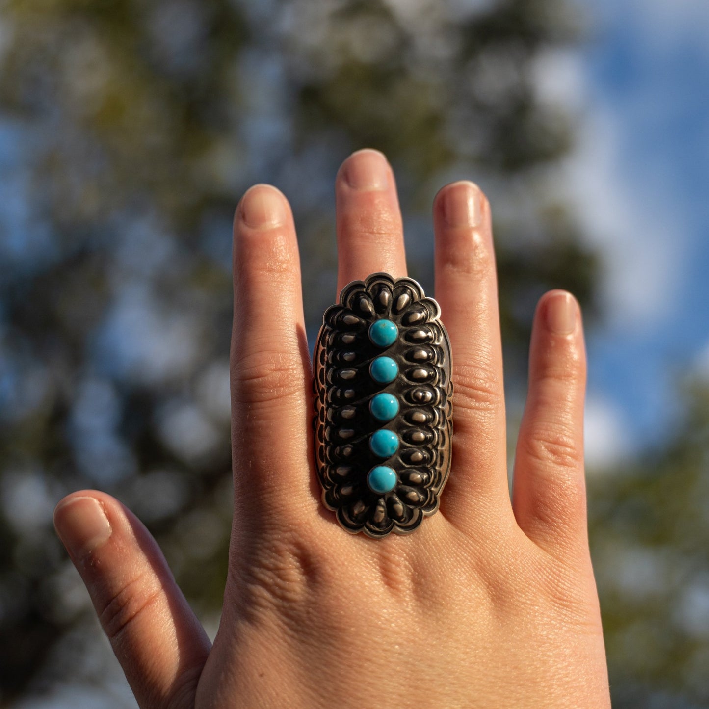 Leander Tahe Repoussé Adjustable Ring | Sleeping Beauty Turquoise | Navajo Sterling Silver Statement Jewelry - Echo Canyon Collective
