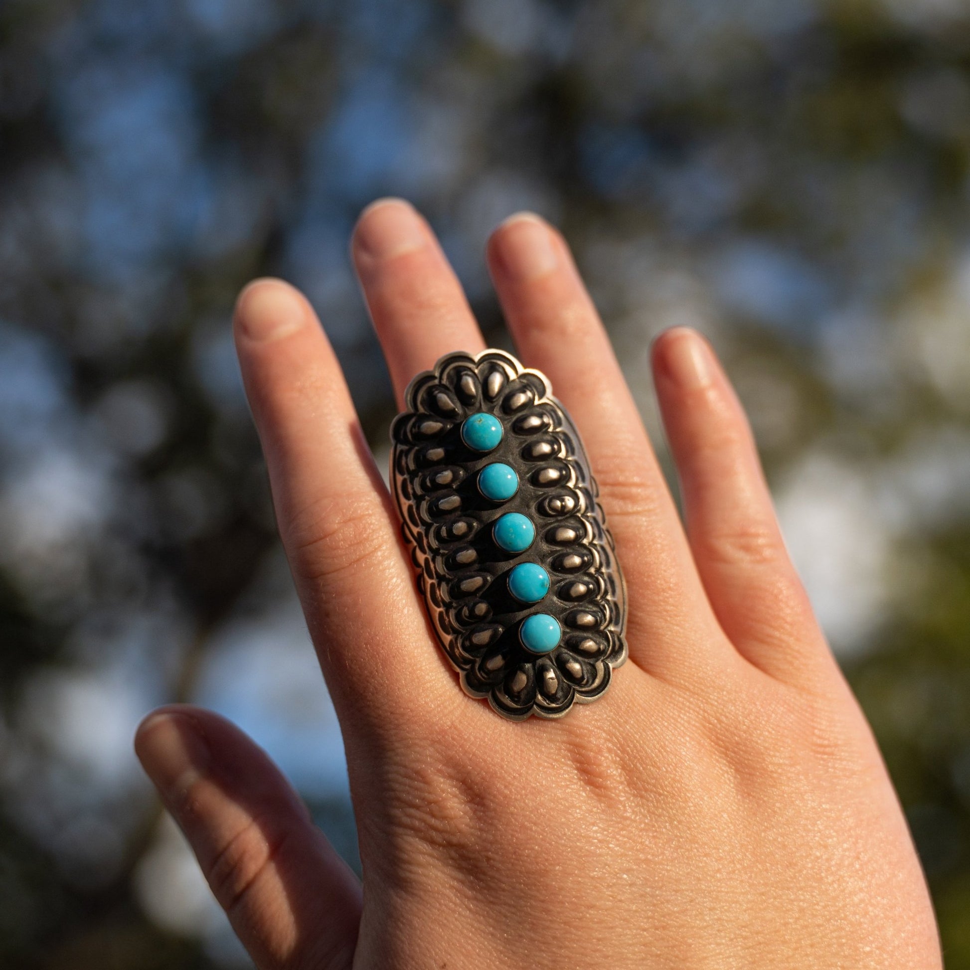 Leander Tahe Repoussé Adjustable Ring | Sleeping Beauty Turquoise | Navajo Sterling Silver Statement Jewelry - Echo Canyon Collective