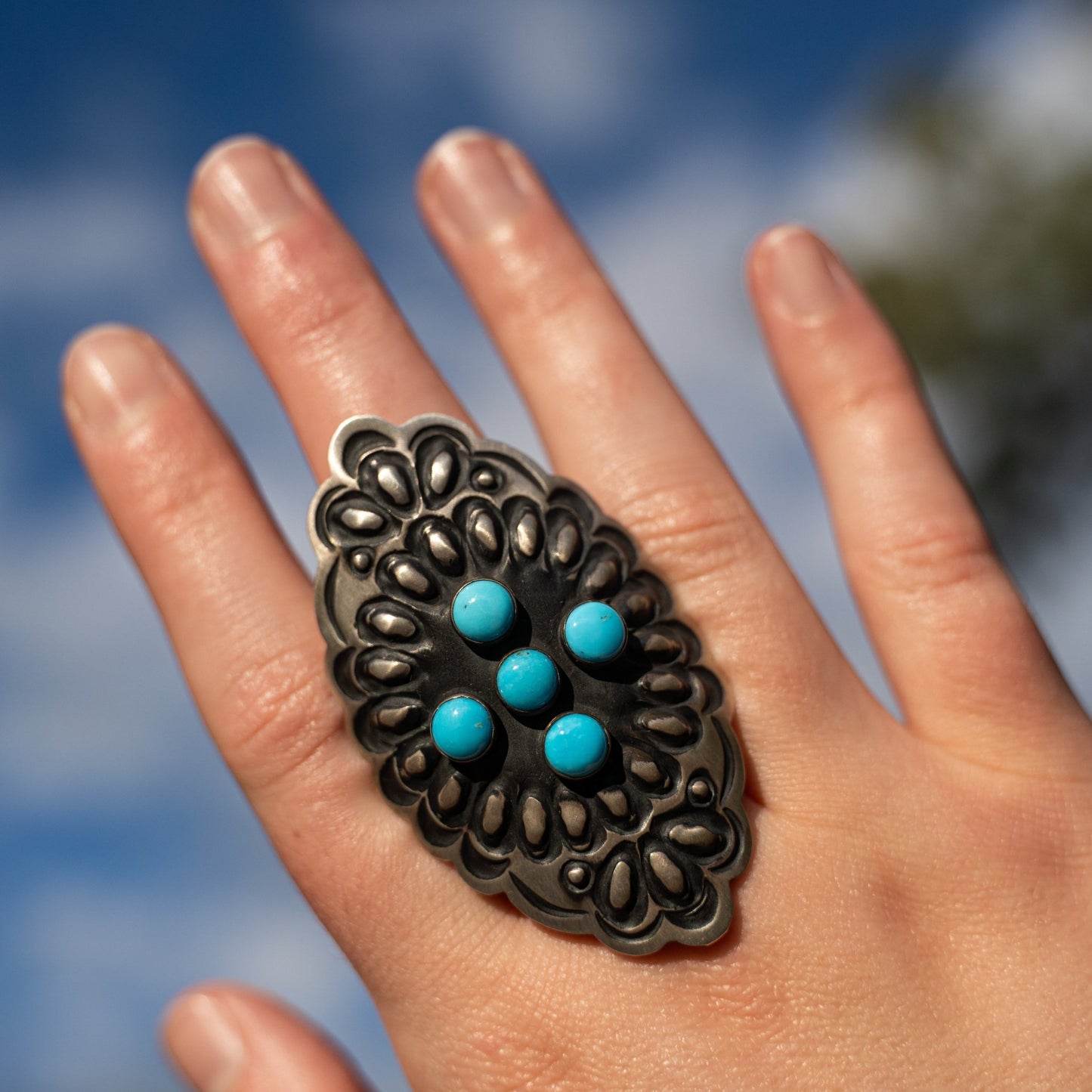 Leander Tahe Repoussé Adjustable Ring | Sleeping Beauty Turquoise | Navajo Sterling Silver Statement Jewelry - Echo Canyon Collective