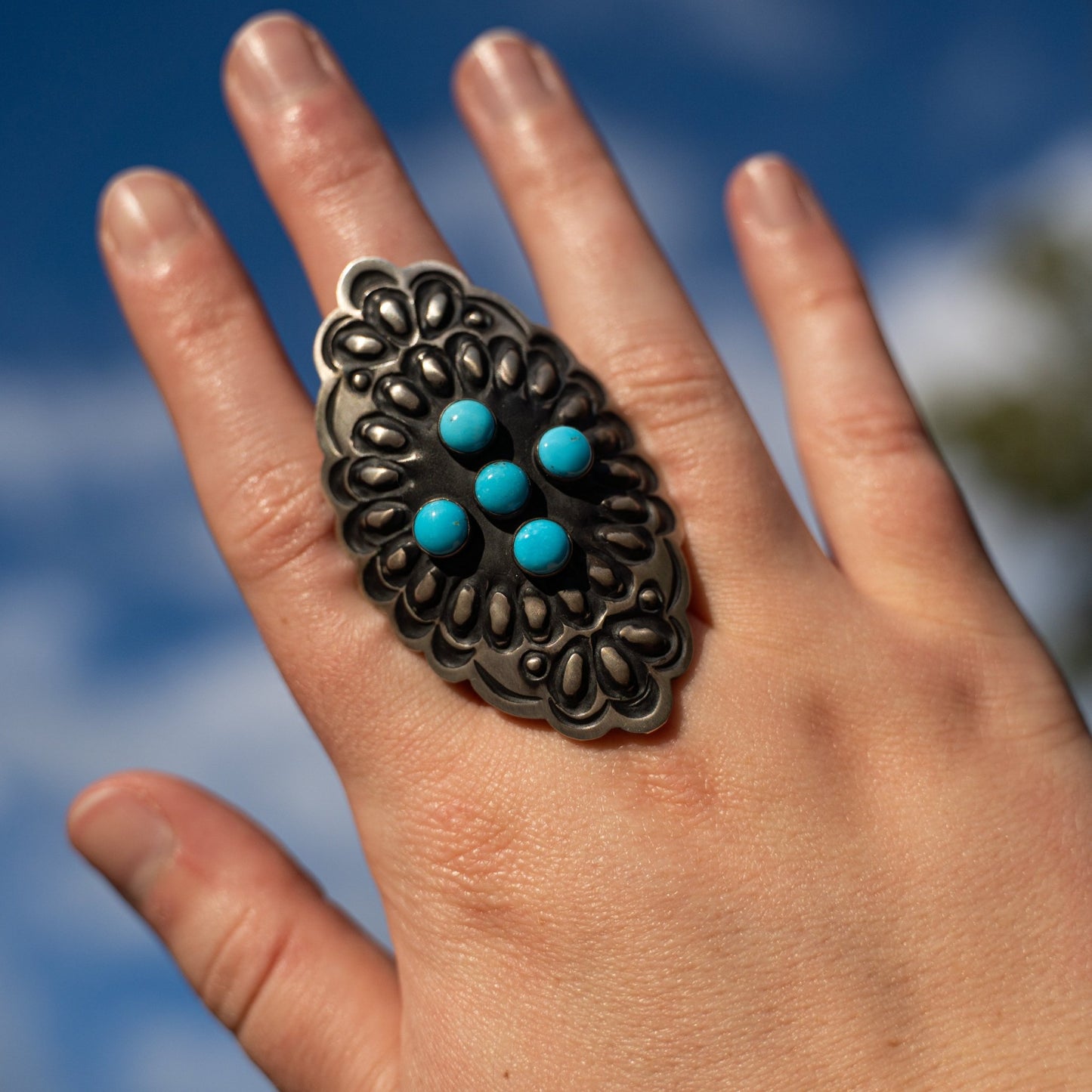 Leander Tahe Repoussé Adjustable Ring | Sleeping Beauty Turquoise | Navajo Sterling Silver Statement Jewelry - Echo Canyon Collective