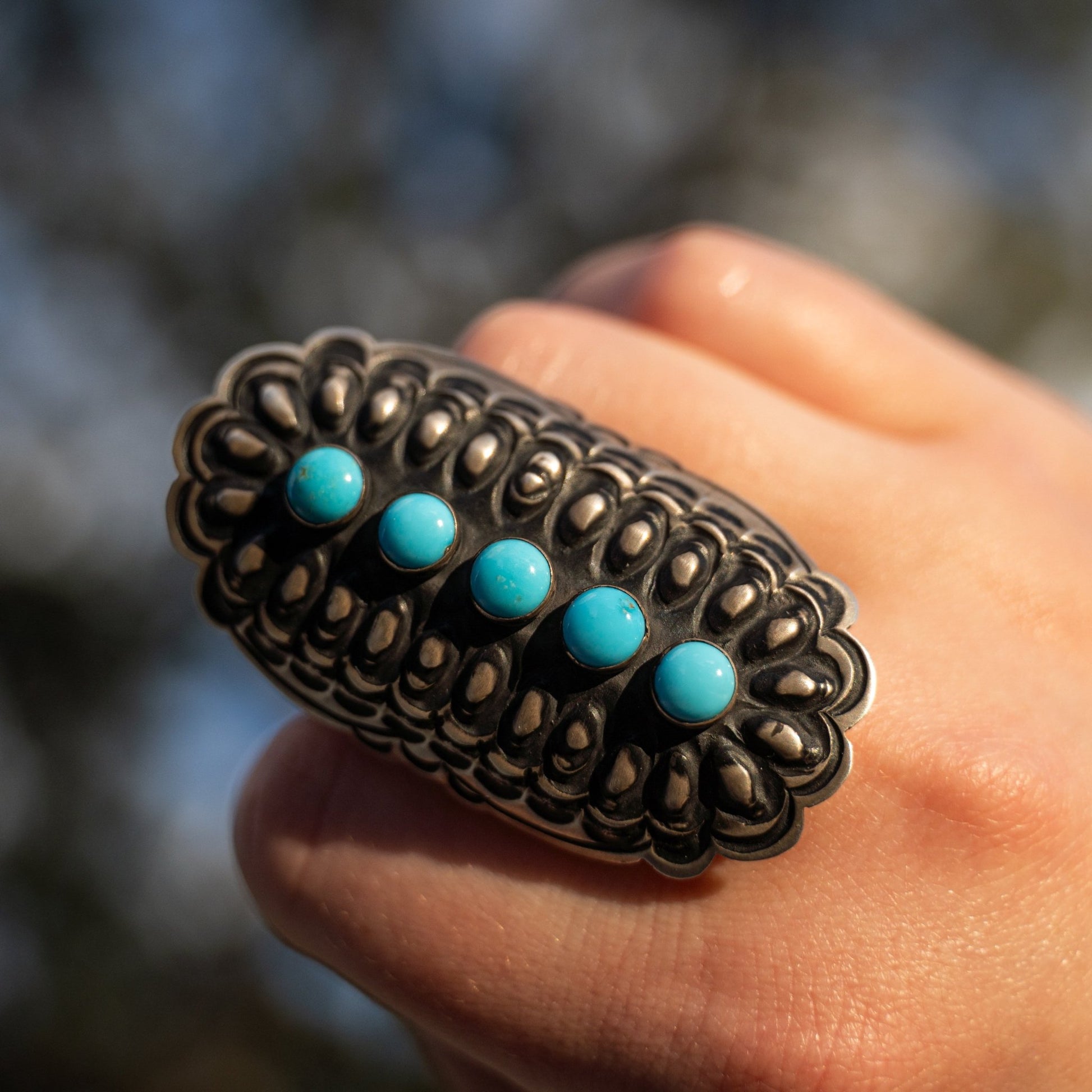 Leander Tahe Repoussé Adjustable Ring | Sleeping Beauty Turquoise | Navajo Sterling Silver Statement Jewelry - Echo Canyon Collective