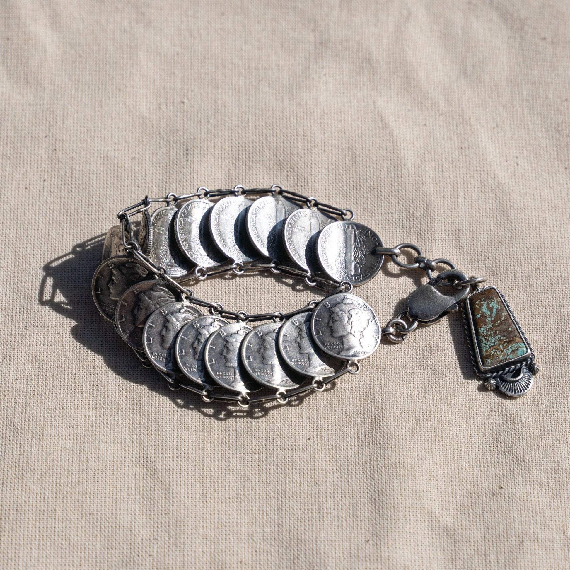 Mercury Dime Link Bracelet – Sterling Silver Navajo Handmade by James McCabe - Echo Canyon Collective