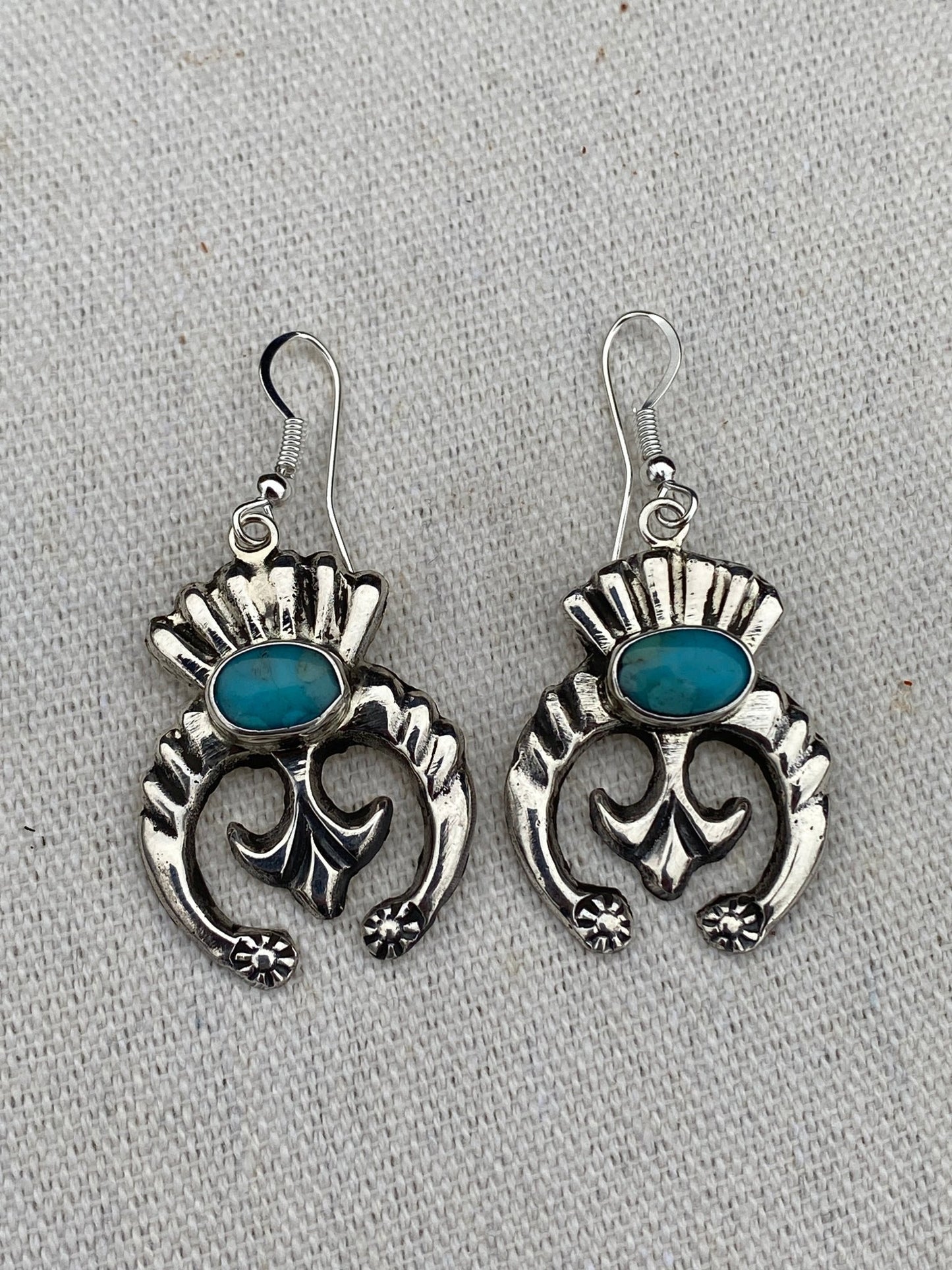 Mike Platero Navajo Sterling Silver & Kingman Turquoise Cast Naja Earrings - Echo Canyon Collective